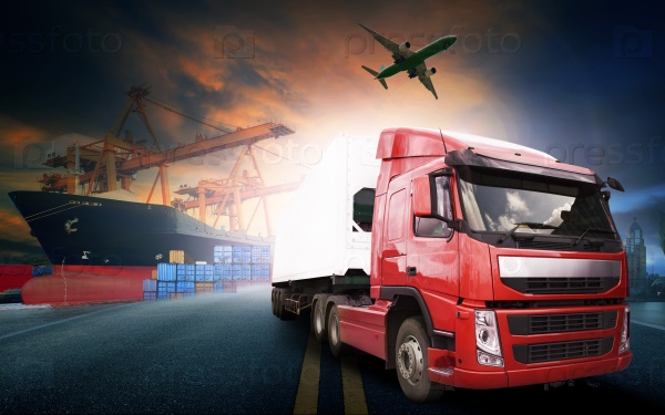 Container truck ,ship in port and freight cargo plane in transpo