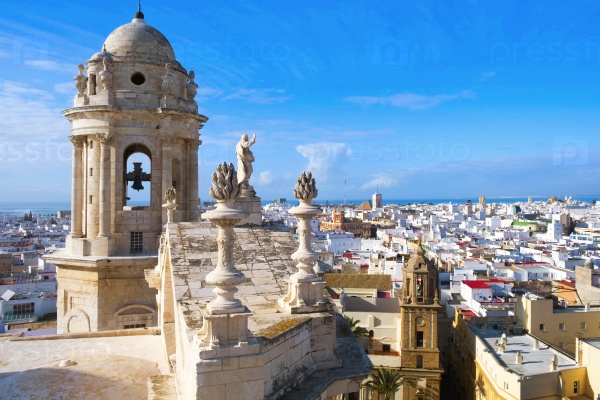 an aerial view of the roofs of Cadiz, Spain, from the belfry of its Cathedral
