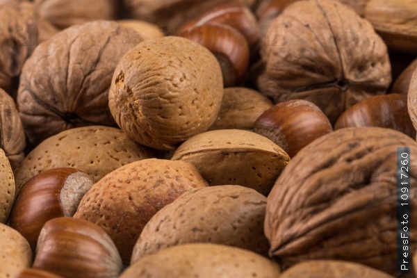 Variety of Mixed Nuts as a background - close up image, stock photo