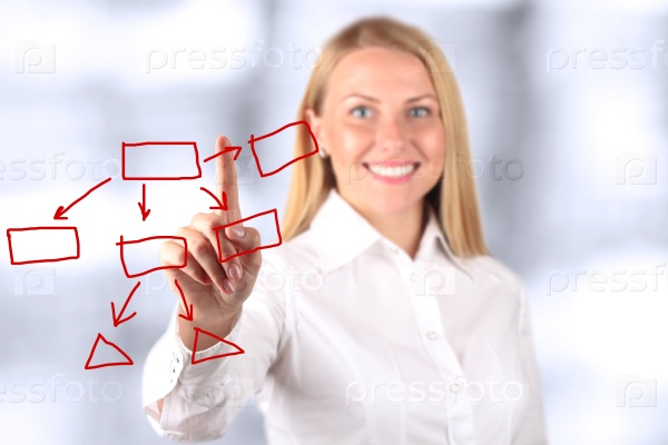 Businesswoman touching a virtual Graph by hand. Blue background beside