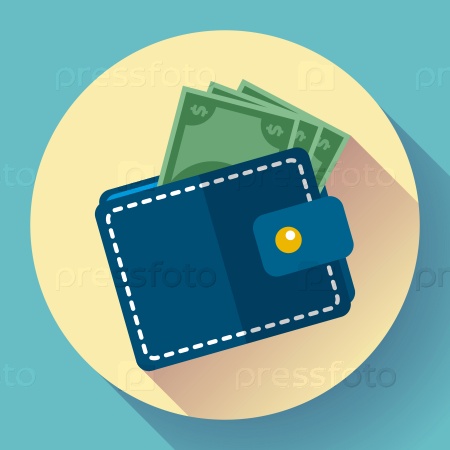 Flat Vector Wallet and Money Icon with long shadow