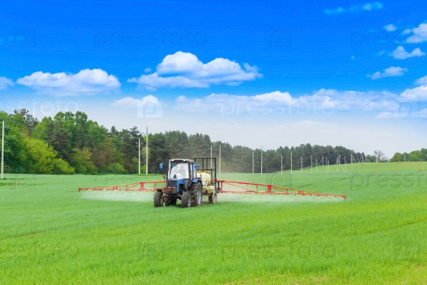 Agricultural machine fertilizes a green field in spring, stock photo