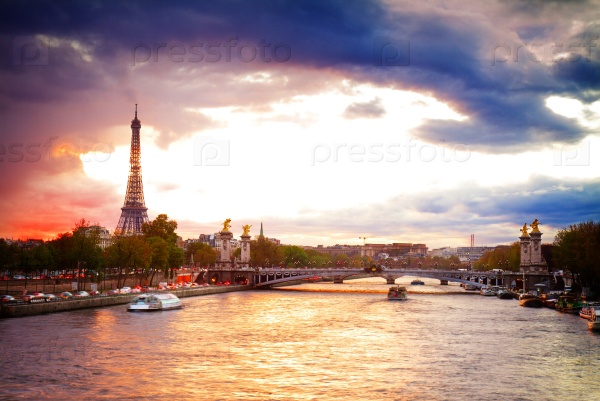 Alexandre III Bridge and Eiffel tower at sunset ,  Paris, France, retro toned