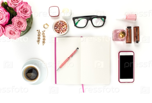Still life of fashion woman, top view of fashion woman objects on white. Concept of female mockup, stock photo