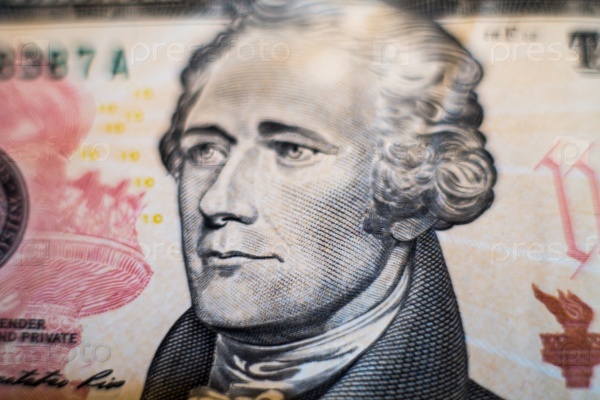 Portrait of a 10 dollar bill - Hamilton . US statesmen, a prominent figure in the First American Bourgeois Revolution, stock photo