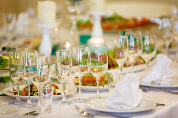 The banquet table with restaurant serving before a wedding banquet, stock photo