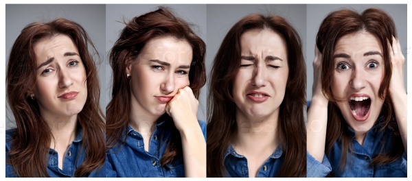 Set of young woman\'s portraits with different emotions on gray background. Concept headache and toothache, stock photo