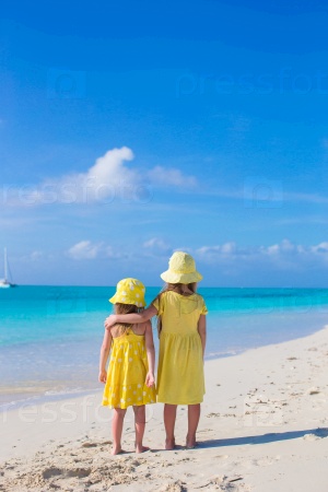 Back view of two little cute girls looking at the sea on white beach