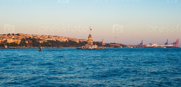 Panorama of the beautiful city Istanbul in sunset on Bosphorus Strait