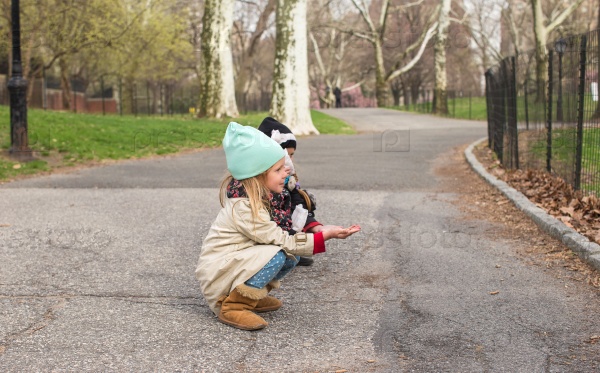 Little girls feeds a squirrel in Central park, New York, America