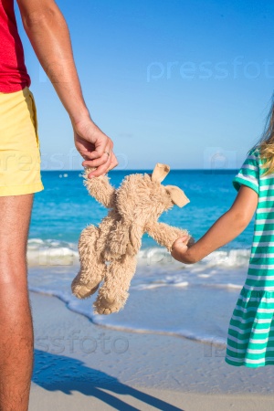 Close up bunny toy in the hands of daughter and dad on sea background