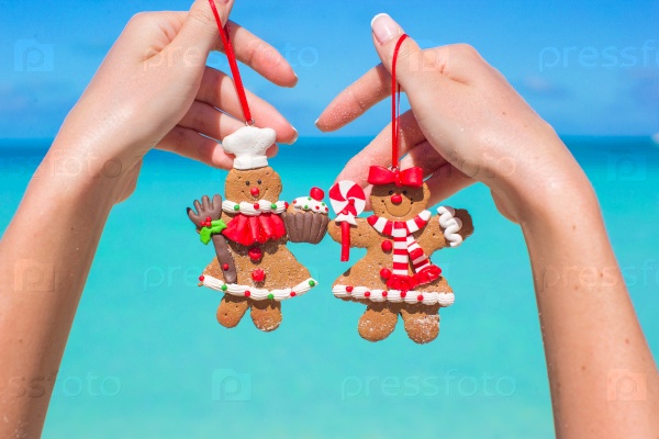 Close up of christmas gingerbread cookies in hands against the turquoise sea
