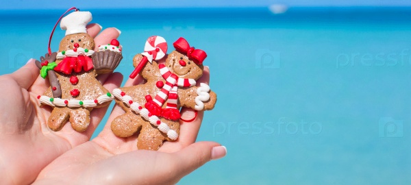 Christmas gingerbread cookies in hands against the turquoise sea