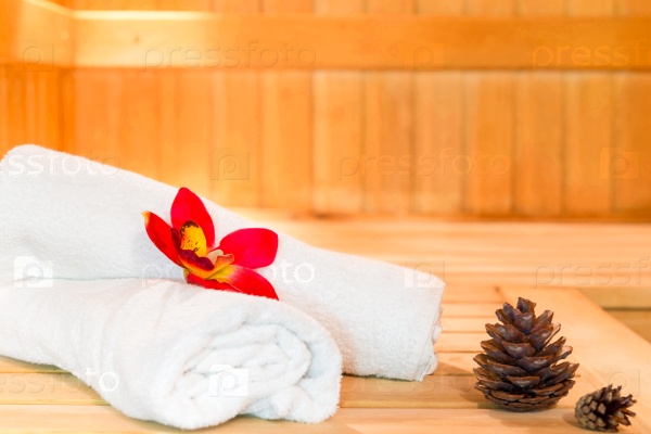 White towels in the spa style shot in the sauna, stock photo