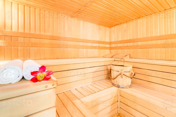 Beautiful dry Finnish sauna for spa treatments, stock photo