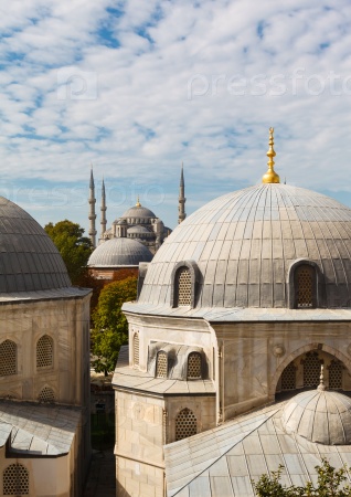 Tomb of Sultan Selim II, Murad III and Blue Mosque on background the blue sky on clear day, Istanbul, Turkey