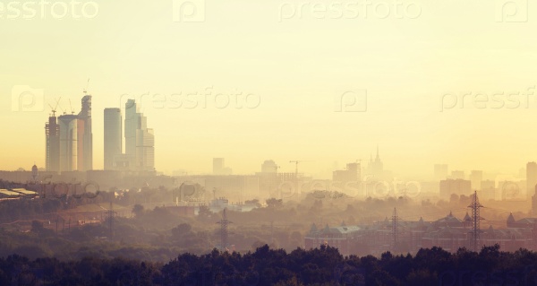 summer dawn and the view of the skyscrapers of Moscow City