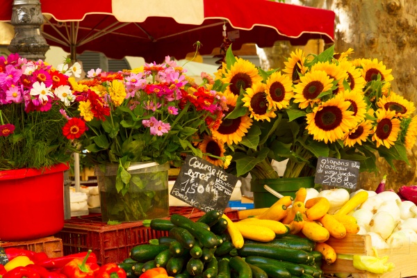 Provence market with colorful local food and flowers, stock photo