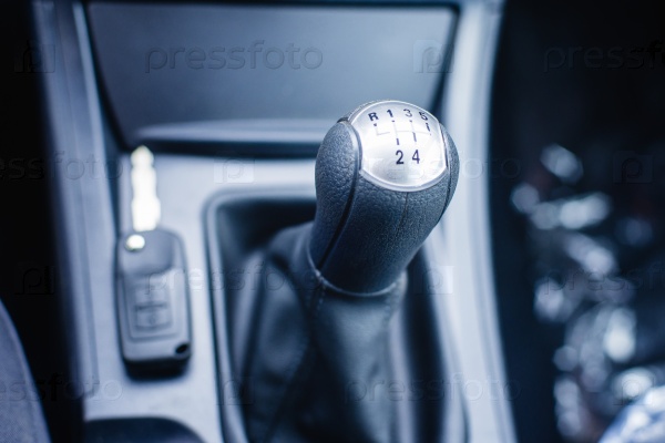 Car shift lever with shallow depth of field, stock photo