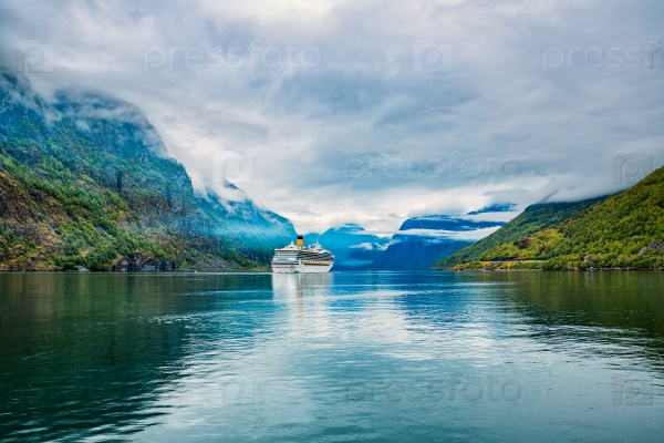 Cruise Ship, Cruise Liners On Hardanger fjorden, Norway, stock photo