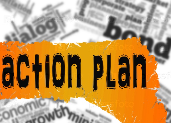 Word cloud with action plan word on yellow banner