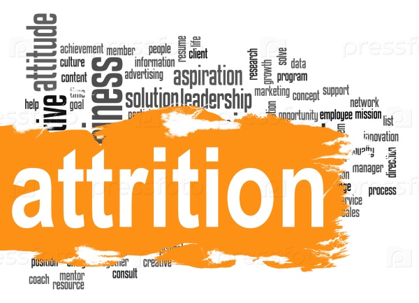 Attrition word cloud with orange banner image with hi-res rendered artwork that could be used for any graphic design.