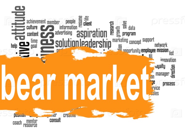 Bear market word cloud with orange banner image with hi-res rendered artwork that could be used for any graphic design.