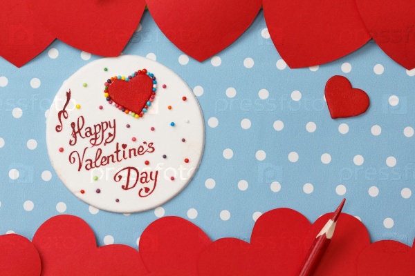 Valentine\'s day love message, handmade, isolated on blue with white dots background (polka dot)