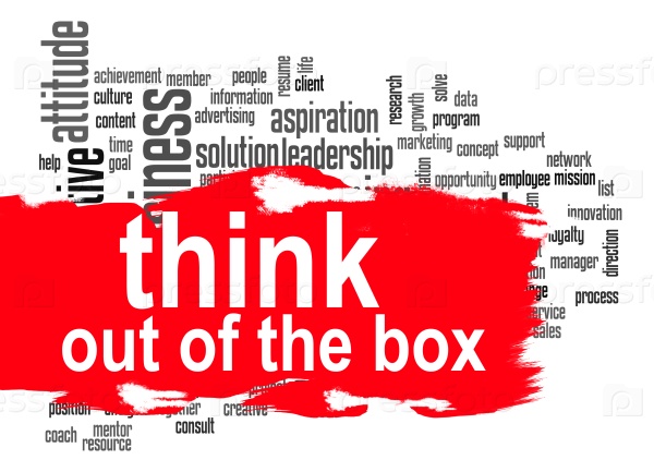 Think out of the box word cloud image with hi-res rendered artwork that could be used for any graphic design.