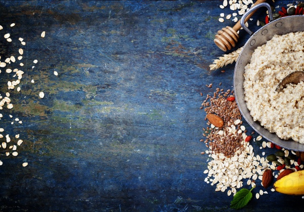 Bowl of oatmeal porridge with healthy ingredients