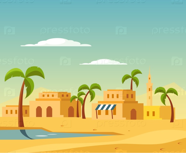 Oasis With The Town In Desert Flat Bright Color Simplified Vector Illustration In Realistic Cartoon Style Design