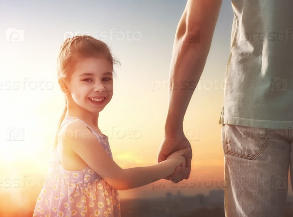 Happy loving family. Father and his daughter child girl playing outdoors. Cute little girl and daddy. Concept of Father\'s day, stock photo