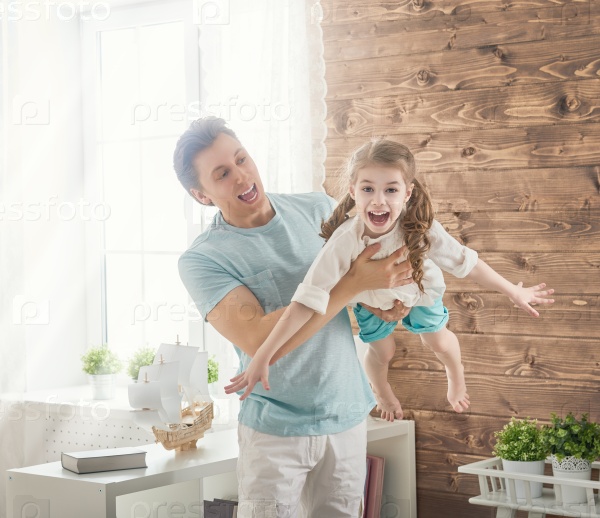 Happy loving family. Father and his daughter child girl playing together. Father\'s day concept, stock photo