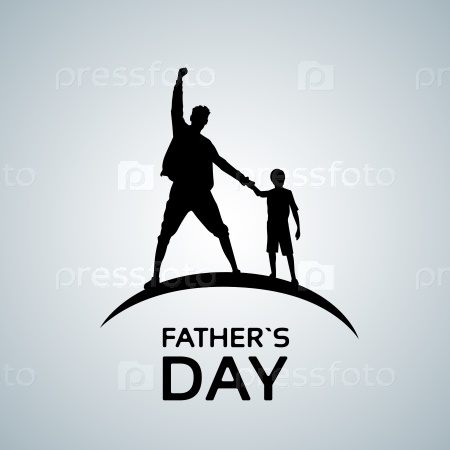 Father Day Holiday, Silhouette Son Dad Hold Hands Up Flat Vector Illustration