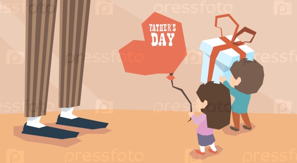 Small Boy Girl Give Present Balloon Man Long Legs Father Day Holiday Children Greeting Vector Illustration