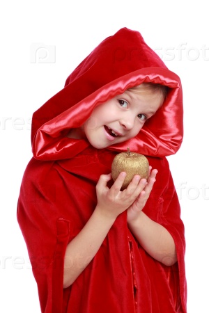 Pretty smiling little girl in a beautiful red velvet cloak over a white background