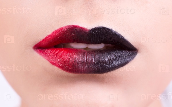 Beautiful red dark glossy lips close-up, macro photography, stock photo