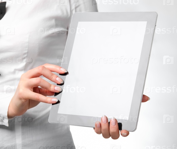 Woman showing digital tablet. Isolated on white. Without face.