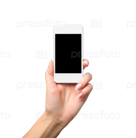 Woman showing smart phone with isolated screen in hand. Isolated on white.