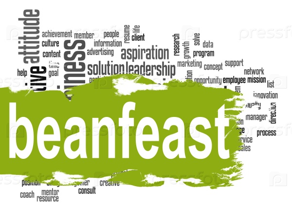 Beanfeast word cloud with green banner
