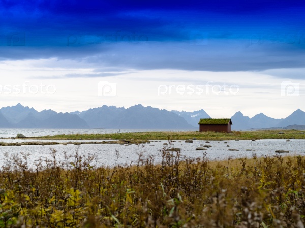 Horizontal vivid Norway cabin fjord landscape background backdrop