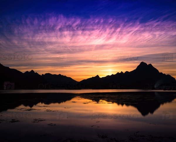 Horizontal vivid vibrant Norway fjord ocean mountain landscape background backdrop