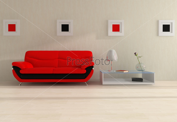 Дизайн комнаты с красным диваном