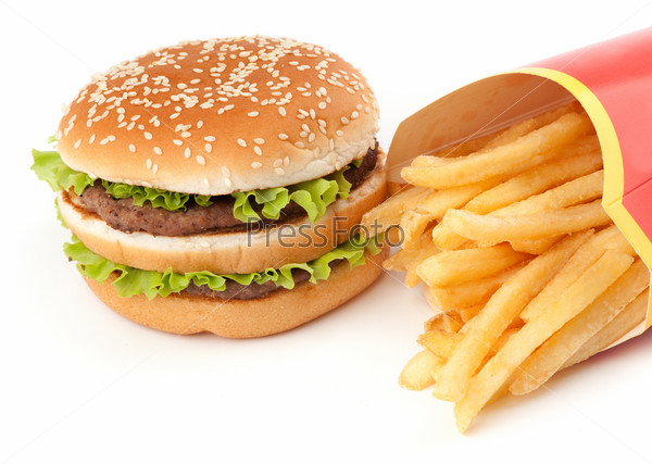 Фотография на тему Вкусный гамбургер и картошка фри | PressFoto