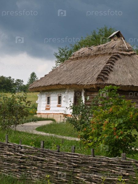 Деревянный дом с соломенной крышей