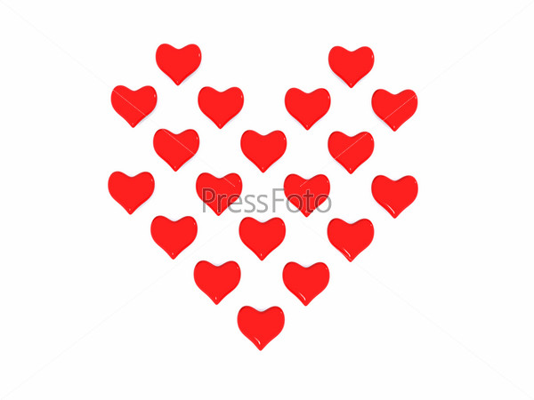 Фотография на тему Фигура сердце из маленьких красных сердечек,  изолированная на белом фоне, 3D | PressFoto