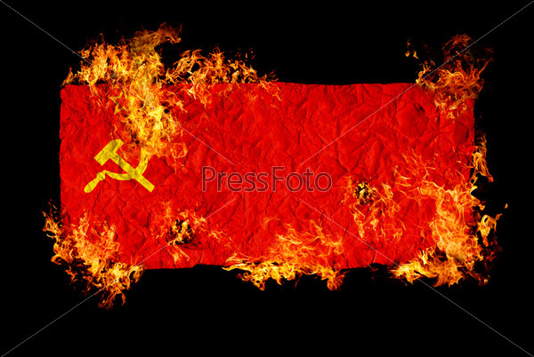 Фотография на тему Флаг Советского Союза в огне на черном фоне | PressFoto