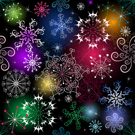 Фотография на тему Бесшовный новогодний дизайн. Яркие снежинки на черном  фоне (вектор) | PressFoto