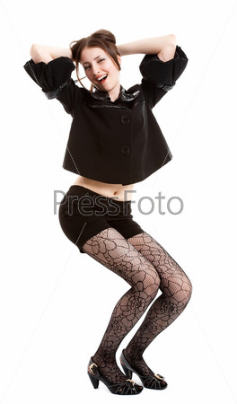 молодая девушка в тигровом платье и в чулках фотография Stock | Adobe Stock