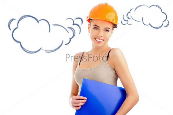 Девушка работающая на стройке стоит с дрелью Photos | Adobe Stock